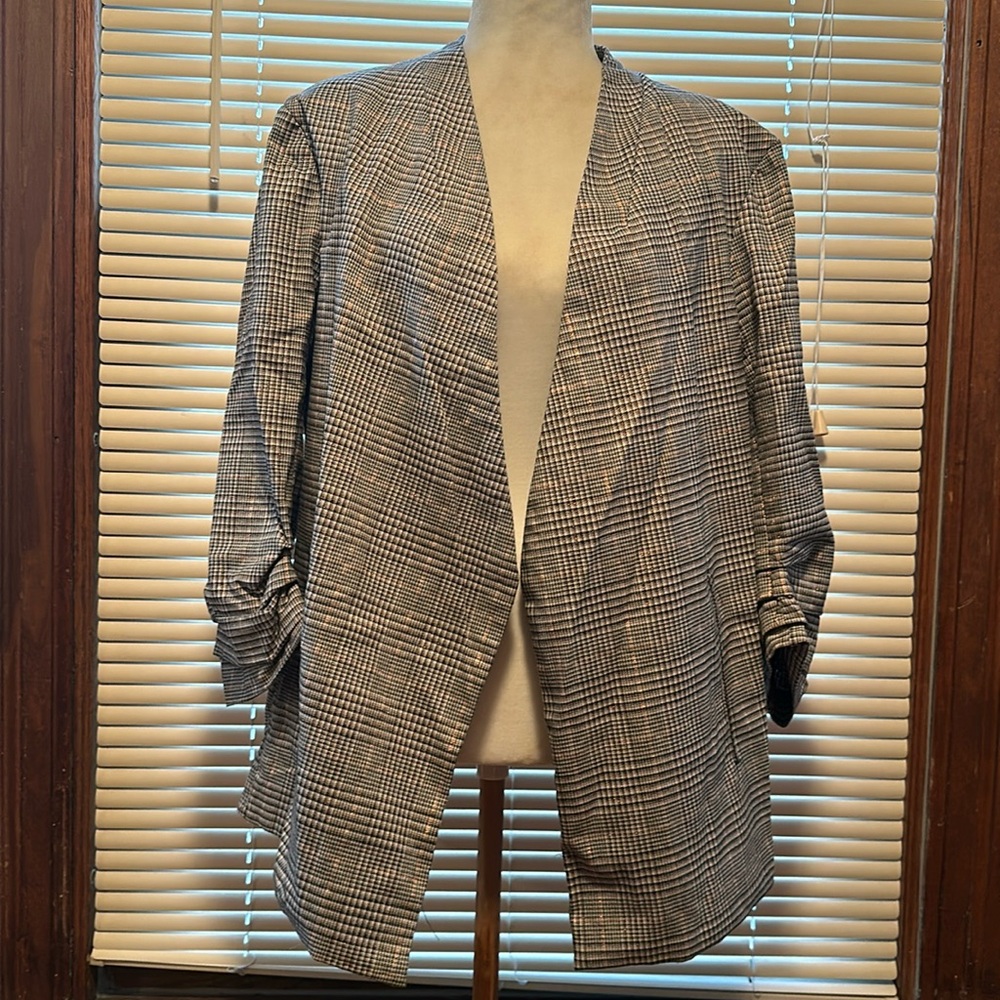 Joie Plaid Ruched Sleeve Blazer Open Front Metallic Career Women's Size …